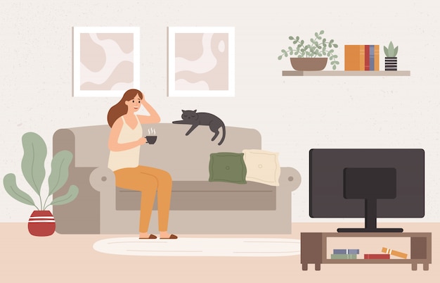 Young woman watch TV. Girl lying on couch with coffee mug and watching television show series vector illustration