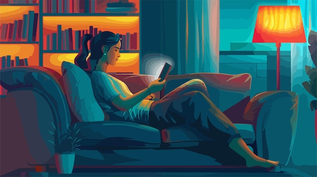 Vector young woman watching movie on sofa at home