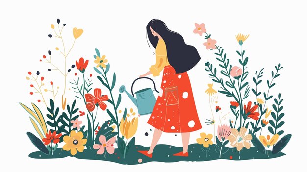 Vector young woman watering flowers vector flat illustration