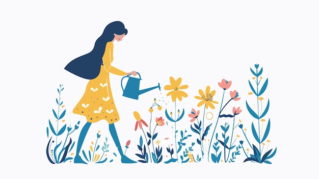 Vector young woman watering flowers vector flat illustration