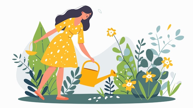 Vector young woman watering flowers vector flat illustration