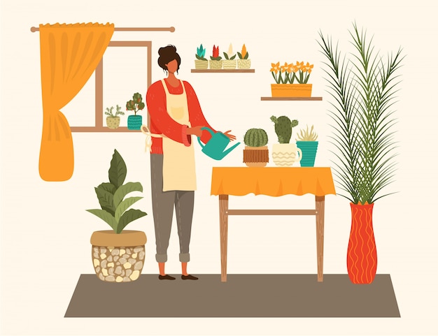 Young woman watering houseplants  composition, caring for indoor plants, hobby  cartoon  illustration.