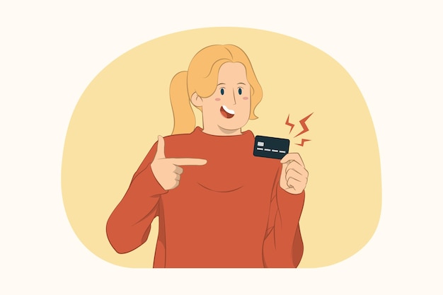 Young woman wearing casual sweater pointing index finger on credit card concept