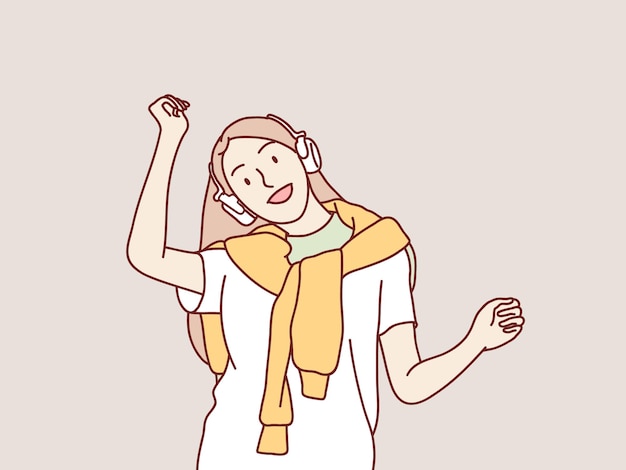 Young woman wearing headphones listening to music and dancing simple korean style illustration