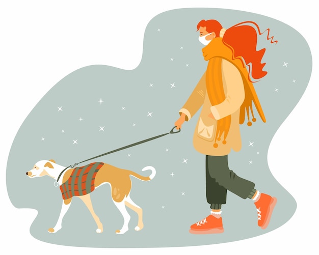 Young woman wearing protective medical mask walking with dog Trendy handdrawn vector illustration