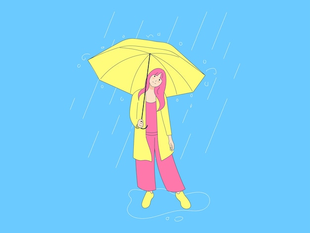 Young Woman Wearing an Umbrella in The Rain Flat Illustration