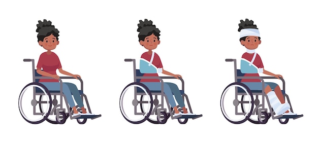 Young woman in a wheelchair set vector cartoon illustration concept of injury and disability recovery from accident