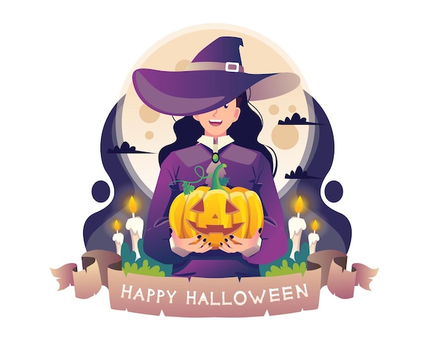 Young Woman in a witch costume with Hat holding a Halloween pumpkin with the moon night background