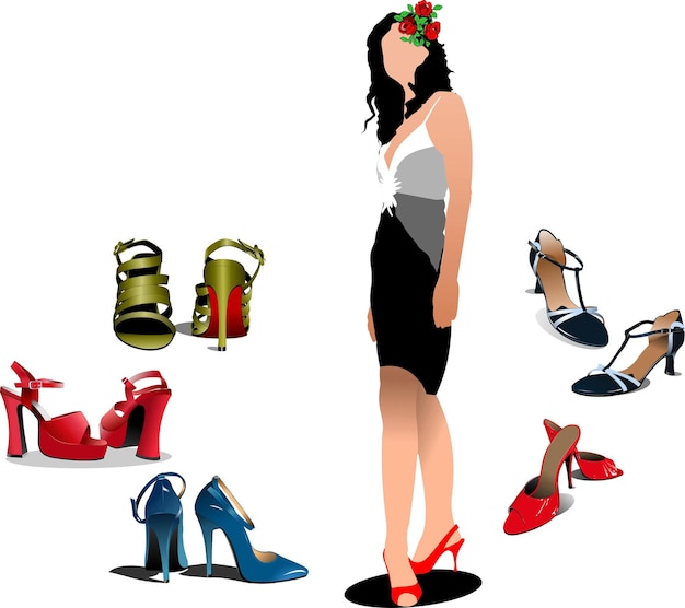 Vector young woman with 5 pair of shoes vector illustration