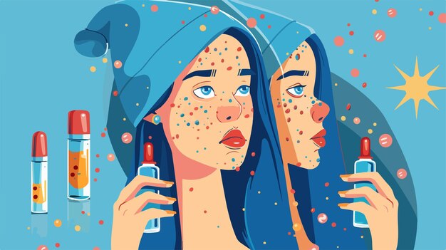 Vector young woman with acne problem and bottles of serum