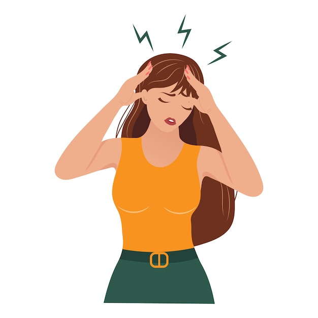 Young woman with acute headache. The concept of health and medicine. Illustration, vector