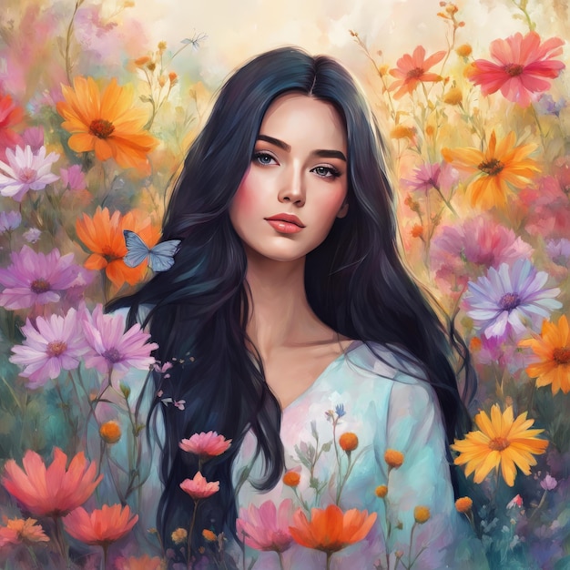 young woman with beautiful flowers in the garden