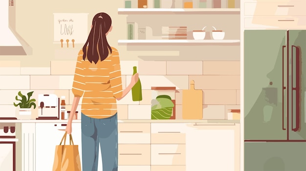 Young Woman with Bottle and Eco Bag in Kitchen