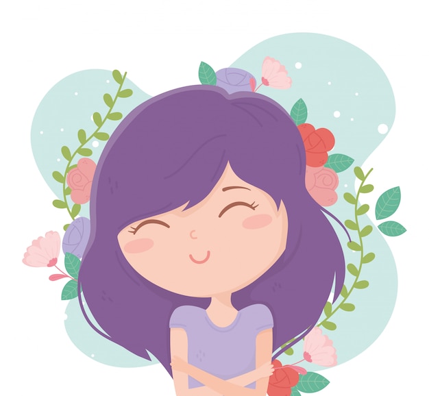 Young woman with crossed arms flowers decoration cartoon