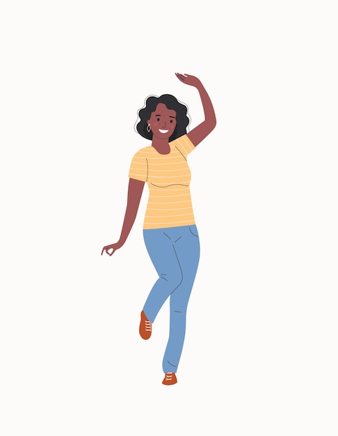 Young woman with dark skin dance to music  Flat style cartoon vector illustration