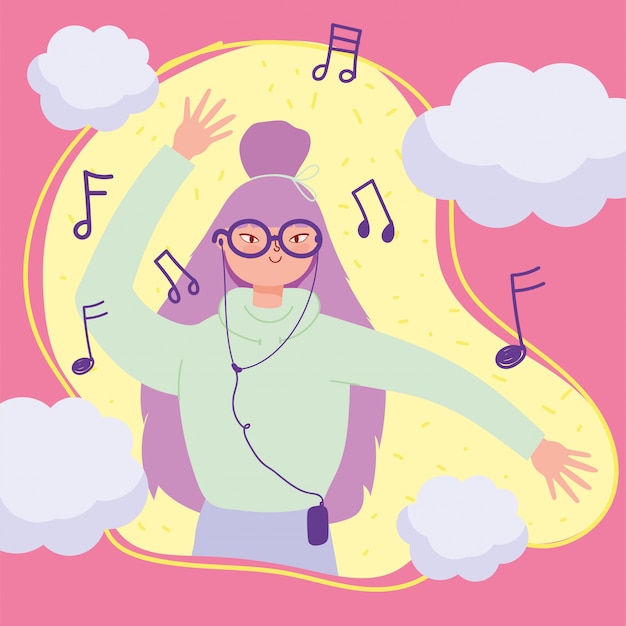 young woman with earphones listening music and dancing  illustration