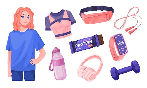 Vector young woman with fitness accessories set