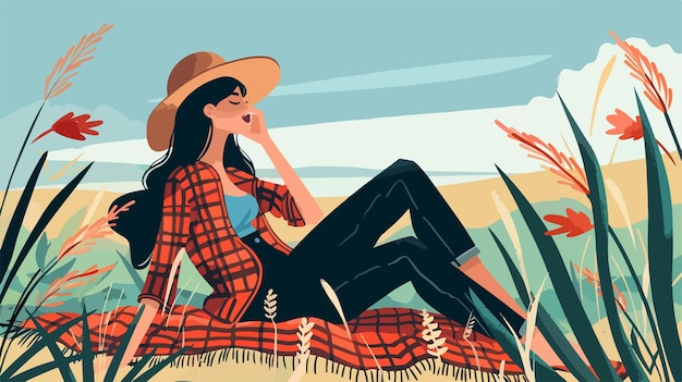 Vector young woman with hat relaxing on plaid outdoors