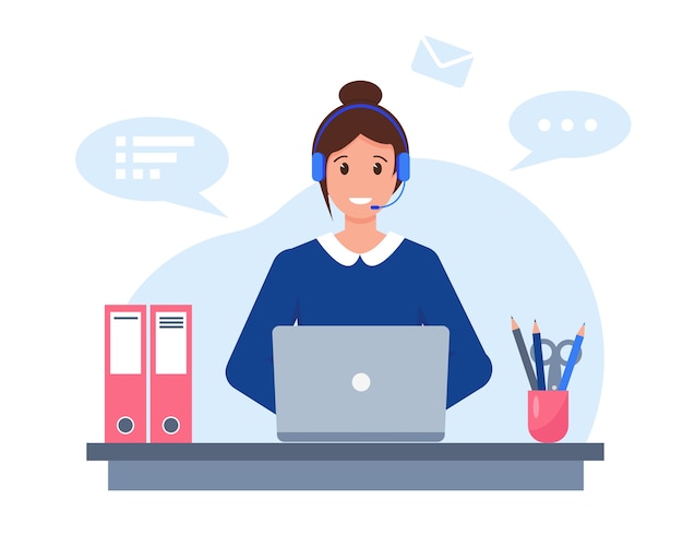 Young woman with headphones, microphone and laptop working in customer service, support or call center concept.