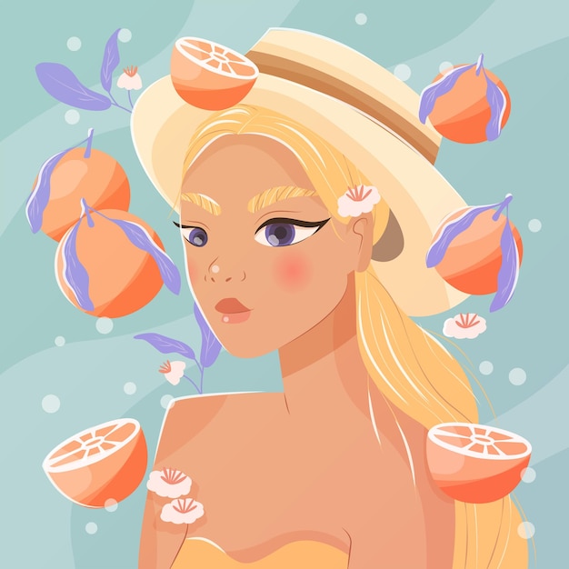 Young woman with long blond hair hat and summer dress Confident girl surrounded with oranges on light blue background Colorful vector illustration