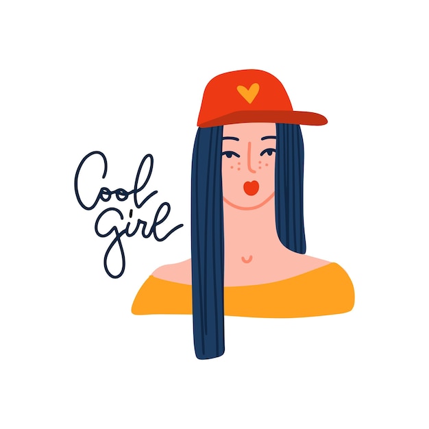 Young woman with long dark hair wearing baseball cap and terndy tshirt female character cool girl le...