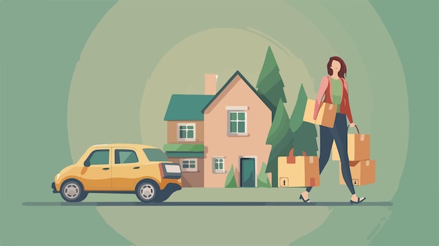 Vector young woman with moving boxes toy car and house figure on ground