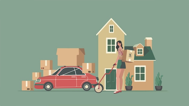 Young Woman with Moving Boxes Toy Car and House Figure on Ground