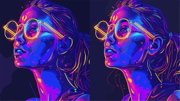 Vector young woman with neon lamps on dark background