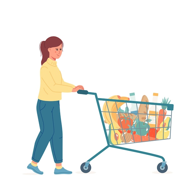 Vector young woman with shopping cart full of food and drinks. vector illustration in cartoon style