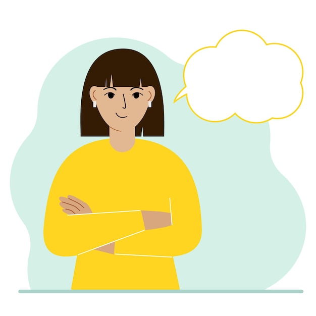 Young woman with a smile thinks and blank thought, speech bubble. The arms are crossed over the chest. Place for your text.