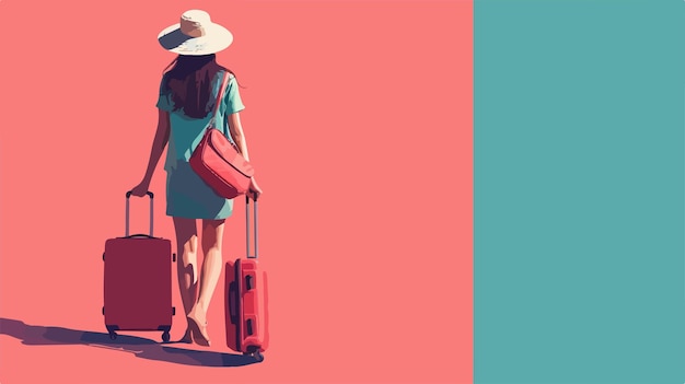 Vector young woman with suitcase on color background