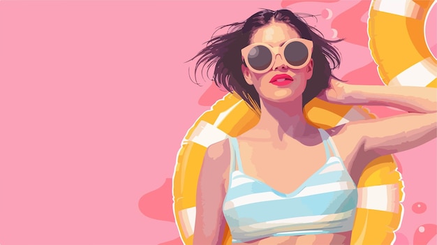 Vector young woman with swim rings on pink background