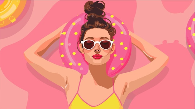 Vector young woman with swim rings on pink background