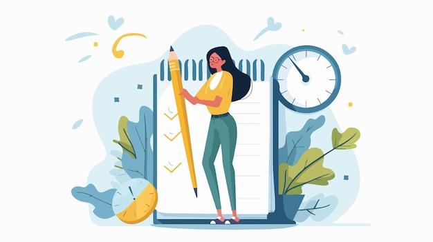 Vector young woman with time management or planning concept