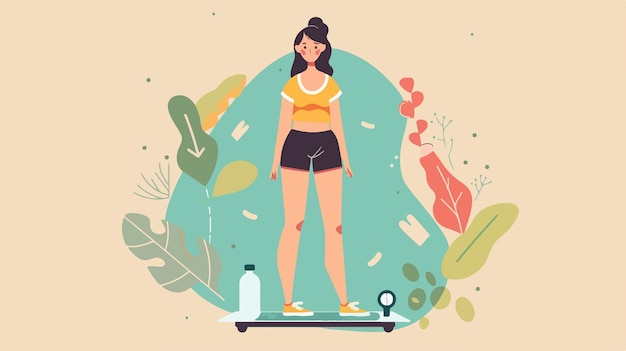 Vector young woman with weight scales and bottle of water