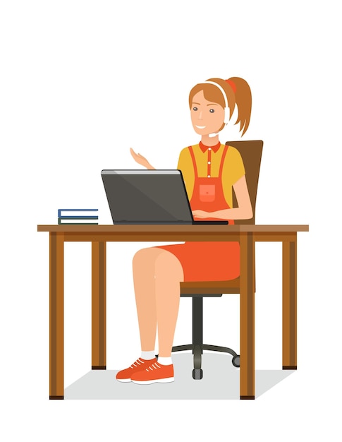 Young woman working as a support service employee at home Vector illustration Girl is talking with headset