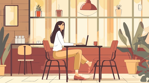 Vector young woman working in cafe with laptop