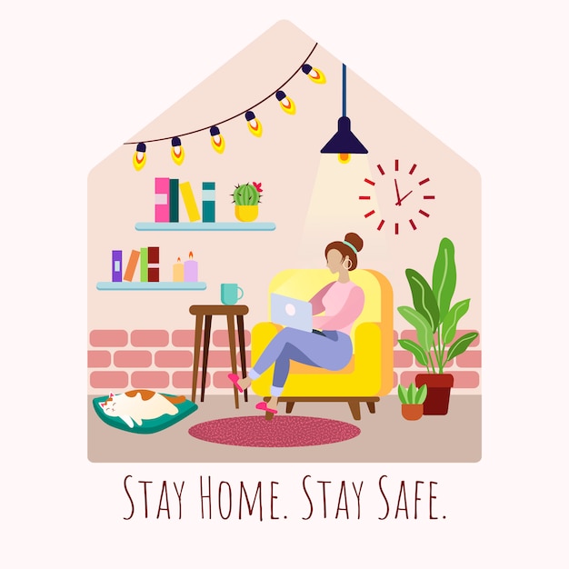 Young Woman working from home. Homeoffice. Stay home awareness social media campaign and coronavirus prevention. Self quarantine.Stop corona virus from spreading. Trendy flat cozy illustration