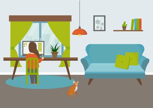 Young woman working at home Flat style vector illustration Freelance life