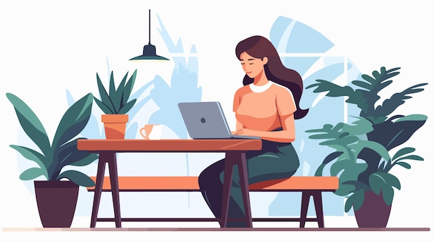 Vector young woman working on laptop in cafe professional freelancer concept