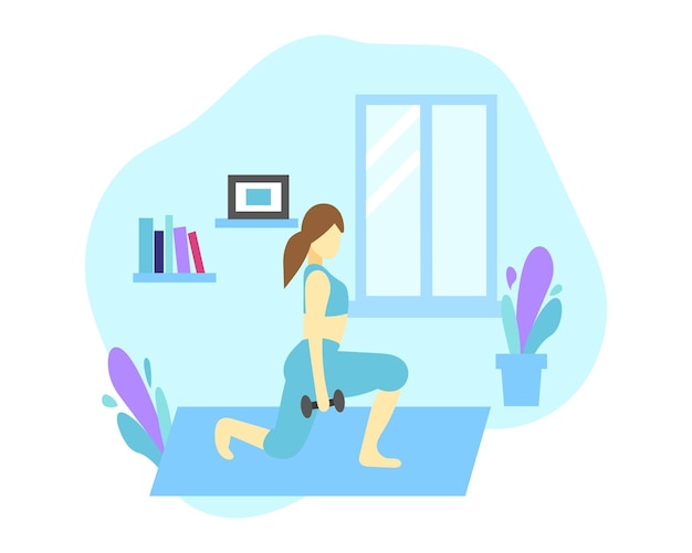 Vector young woman working out doing exercises at home on a mat on the floor in a healthy daily life concept vector cartoon illustration