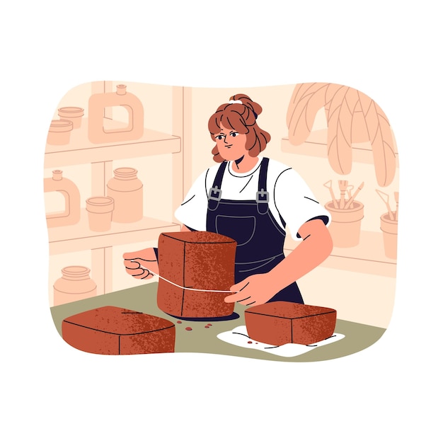 Vector young woman works in ceramic workshop ceramist making pottery create handmade earthenware girl cuts piece of clay with thread creative hobby handicraft flat isolated vector illustration on white