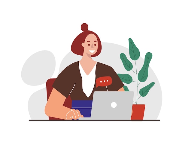 Young woman works online with laptop at home vector illustration