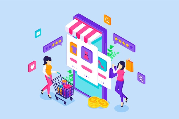 Young women buy things in an online store via a giant mobile phone concept Isometric illustration