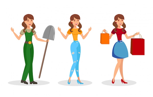 Young Women, Girls Flat Vector Characters Set