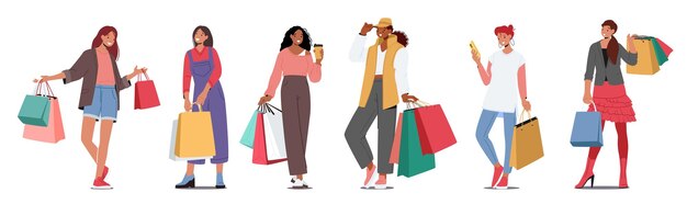 Vector young women holding colorful shopping bags stylish female characters having fun while doing shopping illustration