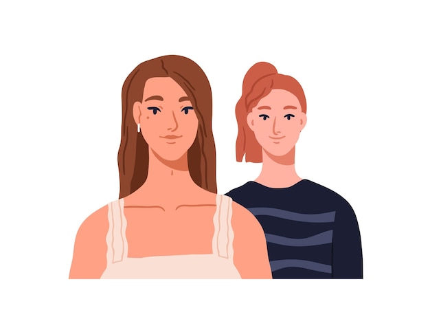 Young women love couple portrait. Modern girls friends smiling. Two pretty females sisters. Happy positive lesbian girlfriends together. Flat vector illustration isolated on white background.