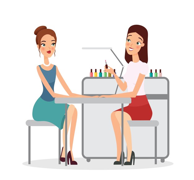 Vector  young women in manicure salon. manicurist doing procedure with nail polish, manicure, beauty salon, girls in manicure studio, cartoon flat style.