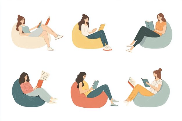 Vector young women reading books on beanbags