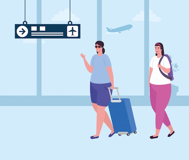 Young women with baggages on the airport terminal, passengers female at airport terminal with baggages vector illustration design